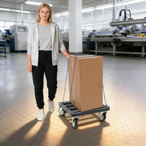 Heavy Duty Furniture Dolly With Smooth Rolling Locking Casters, Rock Solid Steel Folding Moving Platform, No Sweat Collapsible Hand Truck For Quick Sofa And Machine Moving, 1200 Lb Capacity, woman using dolly with box.