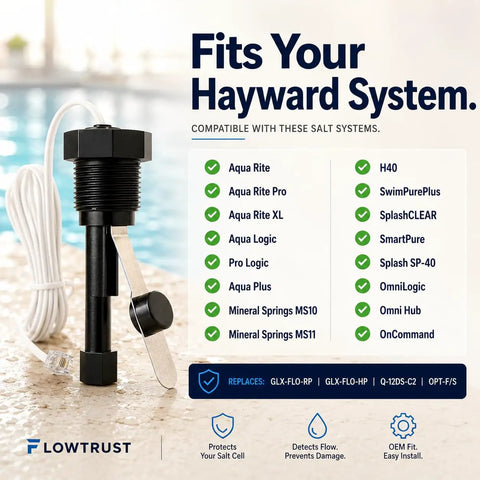 Metal Sensing Pool Flow Switch For Hayward Aqua Rite Aquarite Salt Cell, black metal probe and 15 ft cable, compatible with Aqua Rite systems