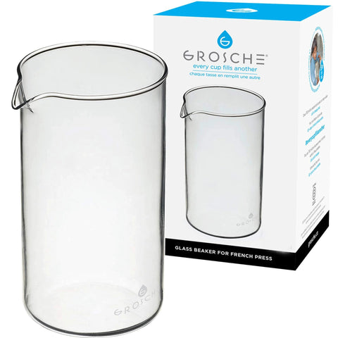 GROSCHE glass beaker for French press; borosilicate 3.3, 34 oz (1000 mL), heat-resistant.