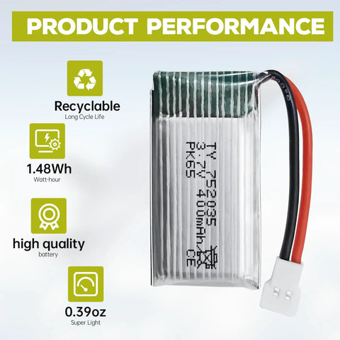 3.7V 400mAh Li-ion battery with performance icons, part of 5 Pack 3 7V 400mAh Li Battery Set With 5 In 1 Charger For SYMA Q11 H99W H31