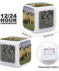 Heavy Sleeper Tractor Alarm Clock With LED Display Super Loud Alarm 7 Color Night Light And Built In Sound Machine Farm Themed Digital Clock For Bedrooms And Early Risers showing dimensions and replaceable battery compartment