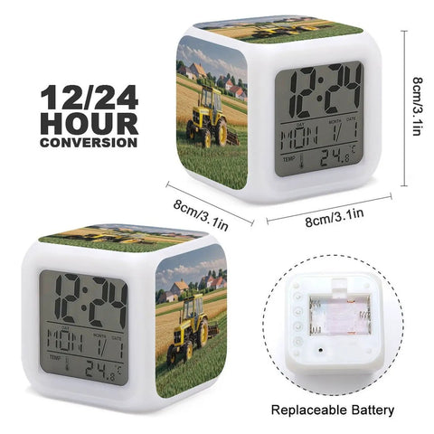 Heavy Sleeper Tractor Alarm Clock With LED Display Super Loud Alarm 7 Color Night Light And Built In Sound Machine Farm Themed Digital Clock For Bedrooms And Early Risers showing dimensions and replaceable battery compartment