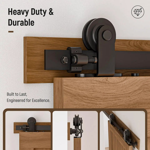 9 Ft Sliding Barn Door Hardware Kit with heavy duty steel rollers on flat tracks for 27 inch double doors, close-up view