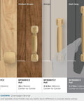 Stature Champagne Bronze Cabinet Pull 5-1/16 Inch Center-To-Center Drawer Handle next to other size pulls, transitional style hardware.