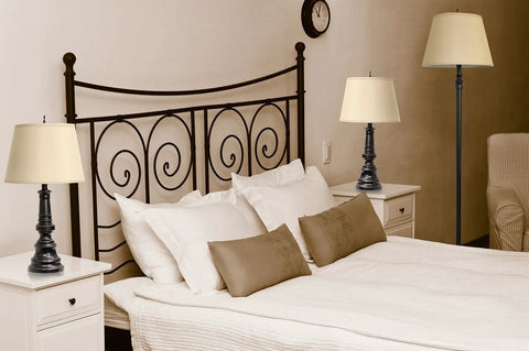 Restoration Bronze Three Piece Lamp Set With Two Table Lamps And One Floor Lamp In Tan Fabric Shades Classic Home Accent
