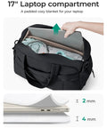 Open Womens Gym Duffle Bag For Travel With Wet Pocket showing padded 17-inch laptop compartment and interior storage, Taslan material