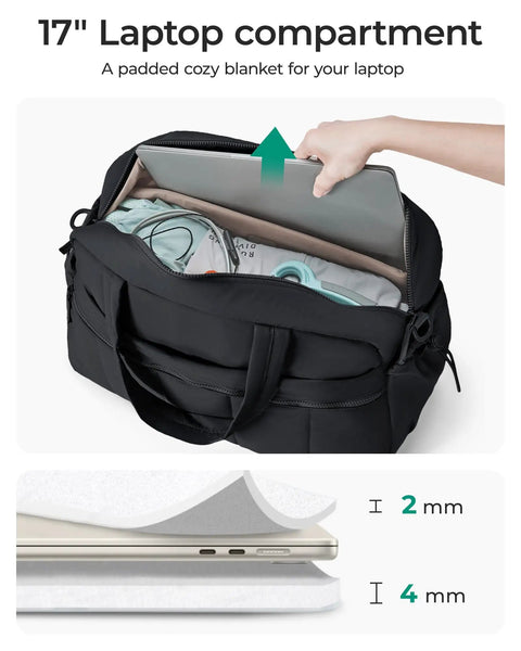 Open Womens Gym Duffle Bag For Travel With Wet Pocket showing padded 17-inch laptop compartment and interior storage, Taslan material