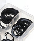 Close-up of Beefy 160 Piece C Clip Washers Kit in box, carbon steel black retaining clips for M6 to M25 shafts automotive gearheads