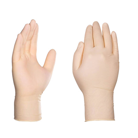 Ivory latex disposable gloves; front and back views, 8 mil, powder-free, large, industrial-grade