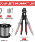Pro Grade Wire Rope Crimping Tool Kit With 328 Ft Stainless Cable, 200 Pcs 1 Sixteenth Inch Aluminum Crimping Loop Sleeves, and 50 Pcs Stainless Steel Thimbles displayed on white background.