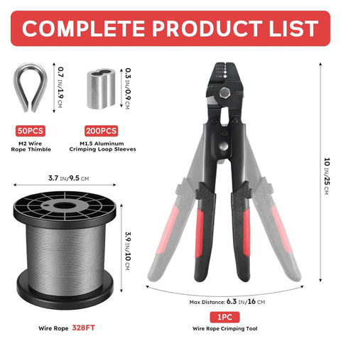 Pro Grade Wire Rope Crimping Tool Kit With 328 Ft Stainless Cable, 200 Pcs 1 Sixteenth Inch Aluminum Crimping Loop Sleeves, and 50 Pcs Stainless Steel Thimbles displayed on white background.