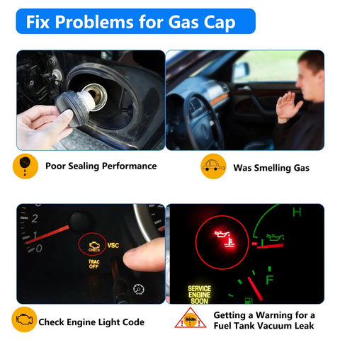 Infographic showing gas cap issues resolved by Porsche Cayenne Gas Cap Replacement 95820124131, including sealing and warning lights
