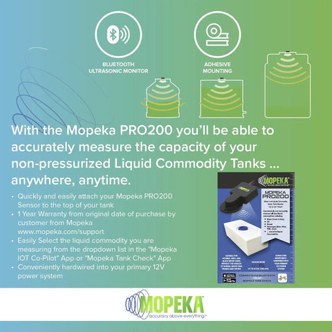 Pro200 Ultrasonic Tank Level Sensor with Bluetooth displayed with packaging and installation instructions.