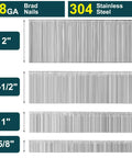 Heavy Duty 18 Gauge Brad Nails Crafted From Top Shelf 304 Stainless Steel For Rust Free Projects Indoors Or Outdoors Assorted Lengths 5/8 To 2 Inch Bulk 3000 Pack displayed in four length variations.