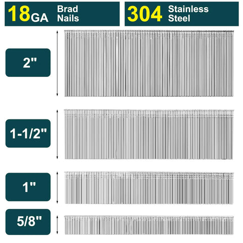 Heavy Duty 18 Gauge Brad Nails Crafted From Top Shelf 304 Stainless Steel For Rust Free Projects Indoors Or Outdoors Assorted Lengths 5/8 To 2 Inch Bulk 3000 Pack displayed in four length variations.