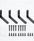 Top Notch Rock Solid Heavy Duty Black Cold Rolled Steel L Brackets 5 X 3 Inch Corner Shelf Braces With Included Screws displayed with screws.