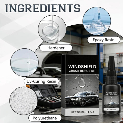 Windshield Crack Repair Kit Two Pack With 30ml Liquid Resin And UV Film displayed with UV-activated resin in a workshop setting.