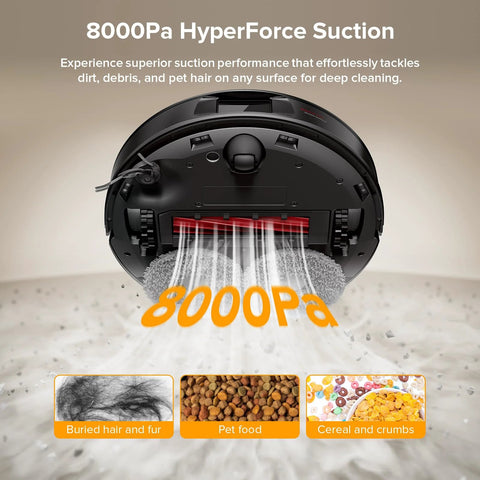Roborock Qrevo Series robot vacuum and mop, black, front view with 8000Pa HyperForce suction