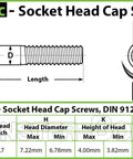 Technical diagram of M4 Socket Head Cap Screws 15mm Long DIN 912 ISO 4762 Alloy Steel Black Oxide 12.9 Grade showing dimensions
