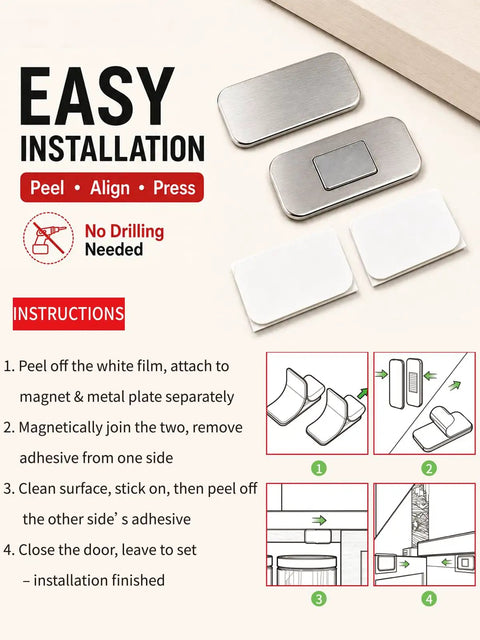 Instructions for 8 Pack Ultra Thin Magnetic Cabinet Door Catch With Ultra Strong Adhesive showing easy peel, align, and press installation.