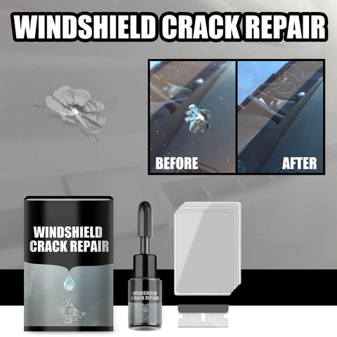 Windshield Chip And Crack Repair Kit For Auto Glass And Mirrors, Fast DIY Glass Fix Tool With Repair Fluid To Stop Cracks From Spreading shown with before and after images
