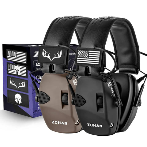 Electronic Shooting Earmuffs With Ambient Sound Amplifier For Shooters, 2 Pack Hearing Protection With NRR 23dB, black and brown shown.