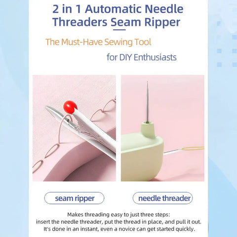 Close-up of 2 In 1 Needle Threader And Seam Ripper Set For Quick Threading Portable And Durable No Fuss Multifunction Sewing Tool For Home And On The Go Automatic Loop Threader For Most Sewing Machines Purple