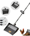 Two In One Chicken Poop Scooper And Rake With Adjustable Stainless Steel Handle For Coop Cleanup shown at 30, 60, 90 degrees