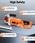 Real Deal Heavy Duty Electric Pipe Threader Kit With Handheld Threading Machine And Plumbing Tapping Tool Set Featuring Six Head Die Assembly Crafted From Tough Carbon Steel For Serious Jobsite Grind And Bulletproof Reliability showing cooling holes and forward/reverse button.