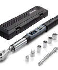 Digital Torque Wrench Three Eighths Inch Drive With Quick Socket Head Change No Delay Display Two Percent Accuracy, case, sockets
