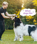 Man playing tug with dog using 4 Pack Jute Pillow Tug Toys With Dual Handles For Tug Of War, outdoor setting, large fluffy dog
