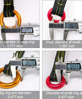Measurements of Arborist Friction Saver large and small aluminum rings with calipers showing dimensions for tree climbing gear.