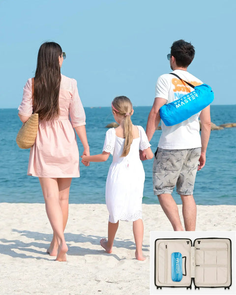 Family at beach with carry bag for Beach Tent Sun Shelter For Three With Two Ventilated Doors UPF50+ Easy Setup Canopy