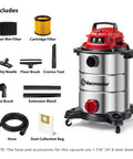 Heavy-Duty 8-Gallon Stainless Steel Wet/Dry Vacuum With Boss-Level Suction, 83-Inch Lift, Red Edition, accessories displayed