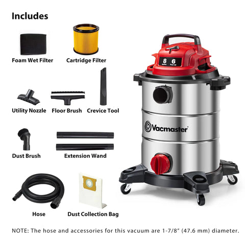 Heavy-Duty 8-Gallon Stainless Steel Wet/Dry Vacuum With Boss-Level Suction, 83-Inch Lift, Red Edition, accessories displayed