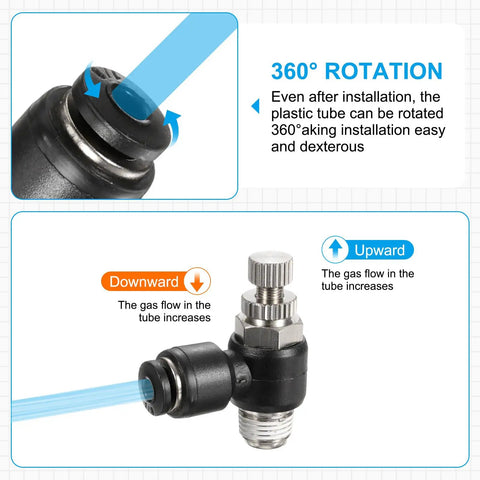2 Pack 1/4 NPT Push To Connect Air Flow Control Valve 90 Degree Elbow Fitting with 360° rotation and directional flow labels