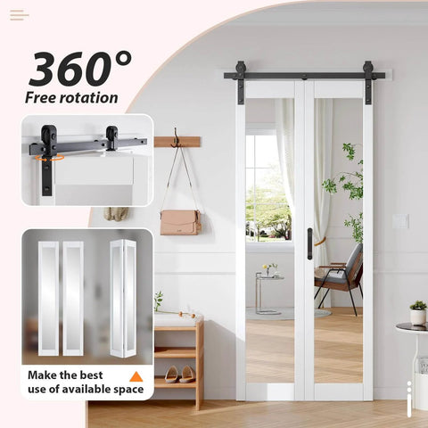 Double Bifold Barn Doors With Mirror For Closet 16x84 Inches White Finish Space Saving Door And Mirror With Hardware Included
