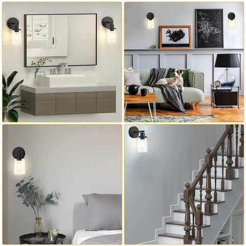 Black Wall Sconces Set Of Two With Clear Glass Shade, Dope Modern Vanity Wall Lamps For Mirror, Living Room Or Bedroom, 1-Light Design, Bulbs Not Included