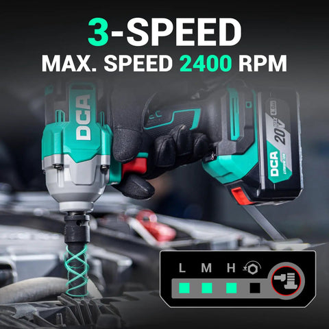 Heavy Duty Cordless Impact Wrench With Brushless Motor, cranks out 503 Ft Lbs raw torque in use with speed settings displayed.
