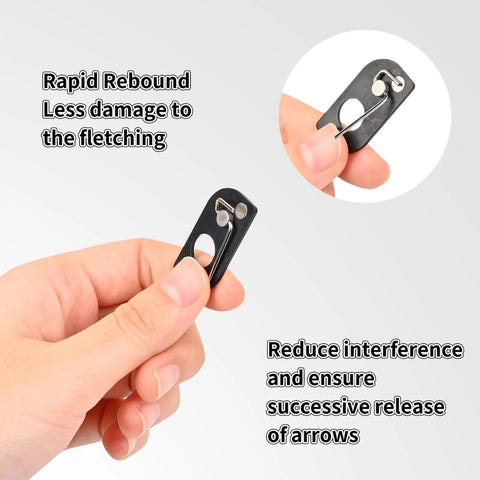 Close-up of hand holding a piece of the Magnetic Recurve Bow Arrow Rest Set Four Piece Metal Arrow Rest with adhesive backing.