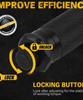 Close-up of locking button on 3/8 Inch Drive Click Torque Wrench With Dual Range Scale, focusing on unlock and lock instructions.