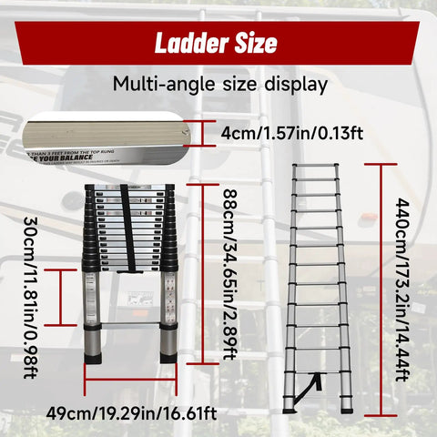 Dimensions and multi-angle views of 14.5 Foot Aluminum Telescopic Ladder With Dual Locking Mechanism Non Slip Collapsible Multi Use Step Ladder For Home Roofs RV Exterior Cleaning Easy Storage 330 Pound Capacity