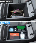 Before and after using Center Console Tray Organizer for 2022-2024 Hyundai Tucson, showing organized items in armrest compartment.