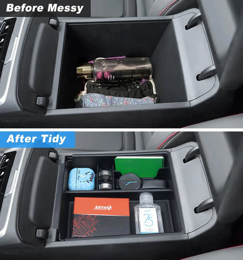 Before and after using Center Console Tray Organizer for 2022-2024 Hyundai Tucson, showing organized items in armrest compartment.