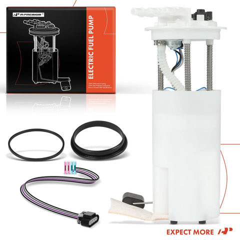 Front view of Electric Fuel Pump Module Assembly With Pressure Sensor For Pontiac Aztek And Buick Rendezvous 2004 V6 3.4L Gas Engine Replacement Part With Four Pins And Three Tubes Plug And Play Fit alongside included components.