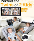 Interior view of a car with two kids in rear seats, display showing 1080P Dual Baby Car Camera With 6.8 Inch Night Vision Monitor And Split Screen For Two-Kid Rides On Daily Drives Plug-And-Play Tool-Free Setup For Busy Two-Kid Families.