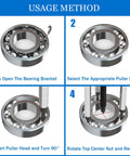 21 In 1 Bearing Puller Kit With 3 Jaw Internal Removal Tool And Durable Storage Case For Motorbikes Cars And Various Mechanical Equipment Beefy Heat Treated Chromium Vanadium Steel For Easy Removal Of Bearings Gears Hubs Red usage instructions shown in four steps for efficient bearing removal.