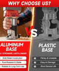 Comparison of Heavy Duty Cordless Palm Router With A Beefy 800W Brushless Motor showing aluminum vs plastic base features.