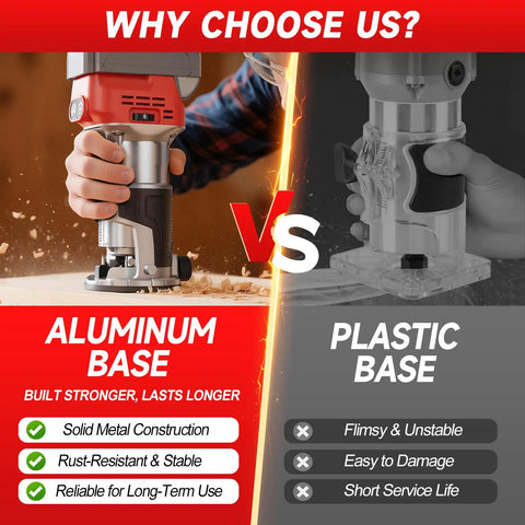 Comparison of Heavy Duty Cordless Palm Router With A Beefy 800W Brushless Motor showing aluminum vs plastic base features.