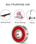 Eight 608RS double-shielded ball bearings with red seals for skateboards, inline skates, and roller skates.